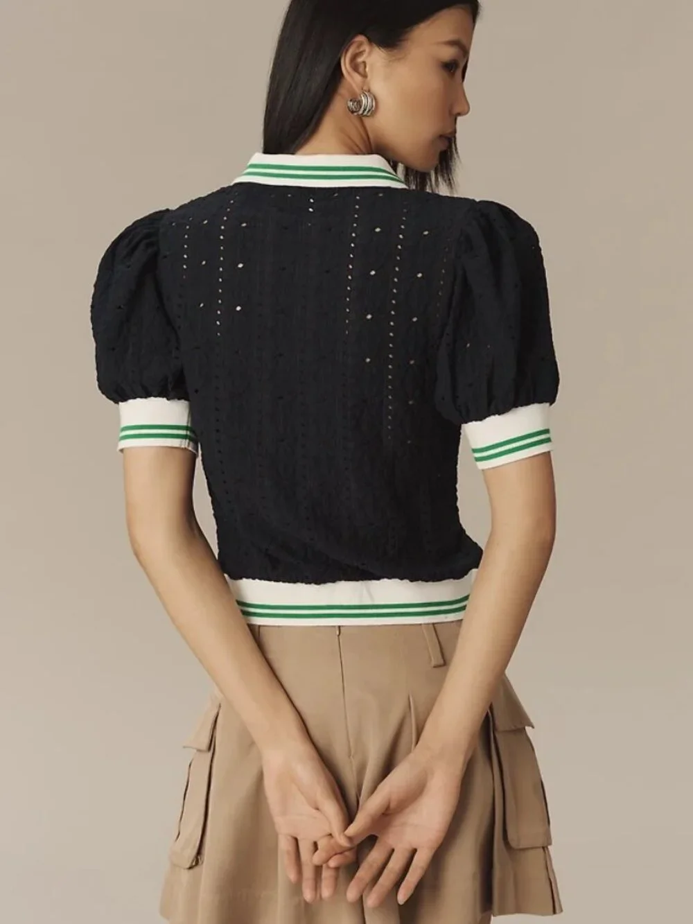 NWT Maeve Puff-Sleeve Lace Polo Top - Picture 4 of 13